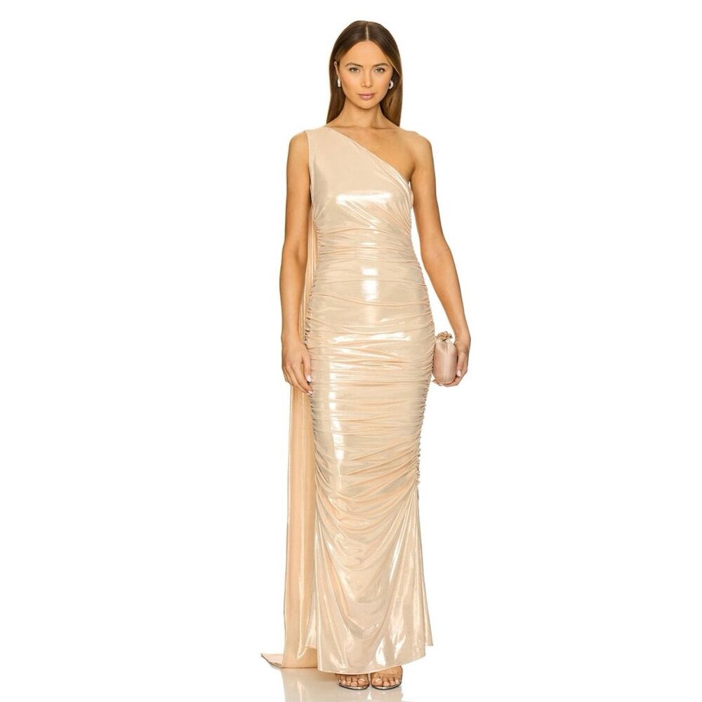 RETROFETE Gold Tone Liquid One-Shoulder Scarf Shannon Maxi Dress size Medium NEW
